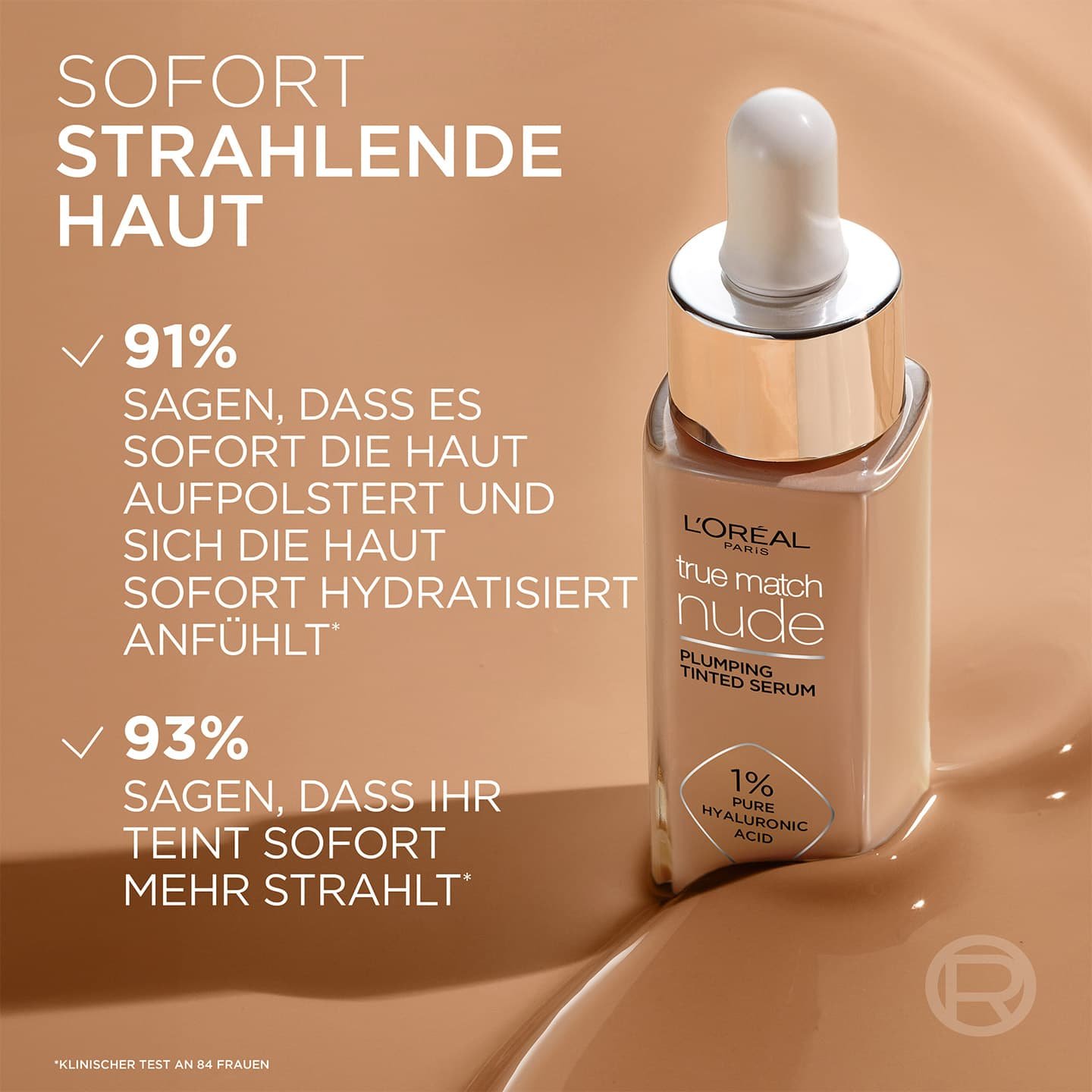 Produkt auf sandfarbenen Grund darüber Text - sofort strahlende Haut sowie 2 weitere Produktvorteile